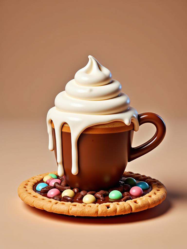 A cup of coffee on a cookie-saucer and everything is made of candy. on Tensor.Art