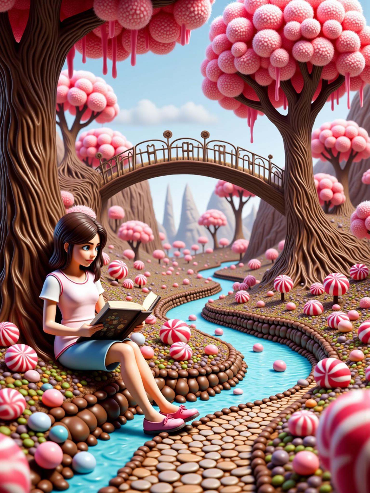 A woman reading a book under a tree by a river and a path with a white candy stone bridge leads over a river in candyland...