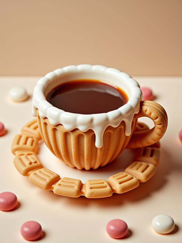 A cup of coffee on a cookie-saucer and everything is made of candy. on Tensor.Art