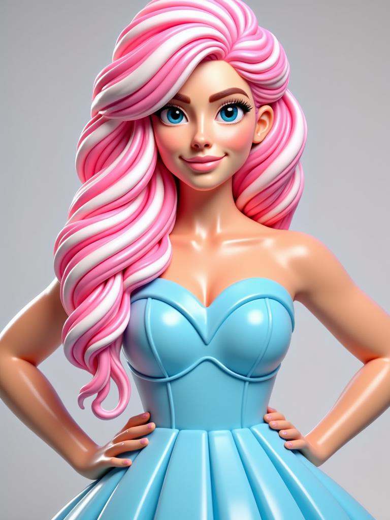 A portrait of a woman wearing a blue dress in candyland style. She has pink and white twirled ice-cream hair. on Tensor.Art
