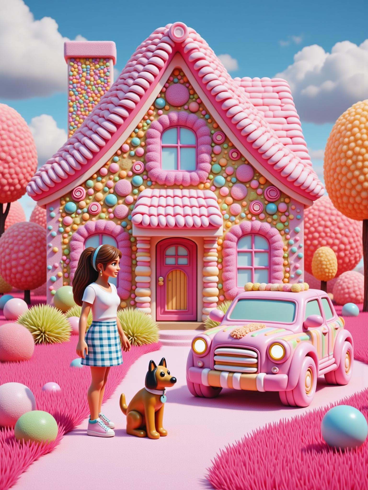 A woman standing next to her dog in front of her house in candyland where everything is made of sweets and candy. In the d...