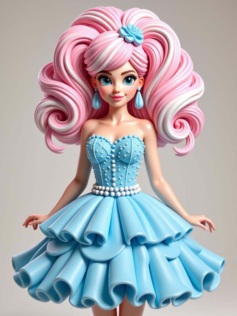 A portrait of a woman wearing a blue dress in candyland style. She has pink and white twirled ice-cream hair. on Tensor.Art