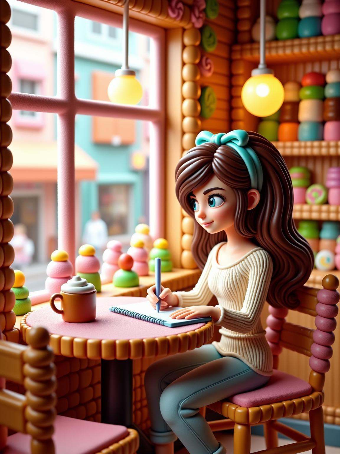A Woman Writing in a Cozy Café by the Window in candyland style. A woman sits at a small table in a cozy café,  a notebook...