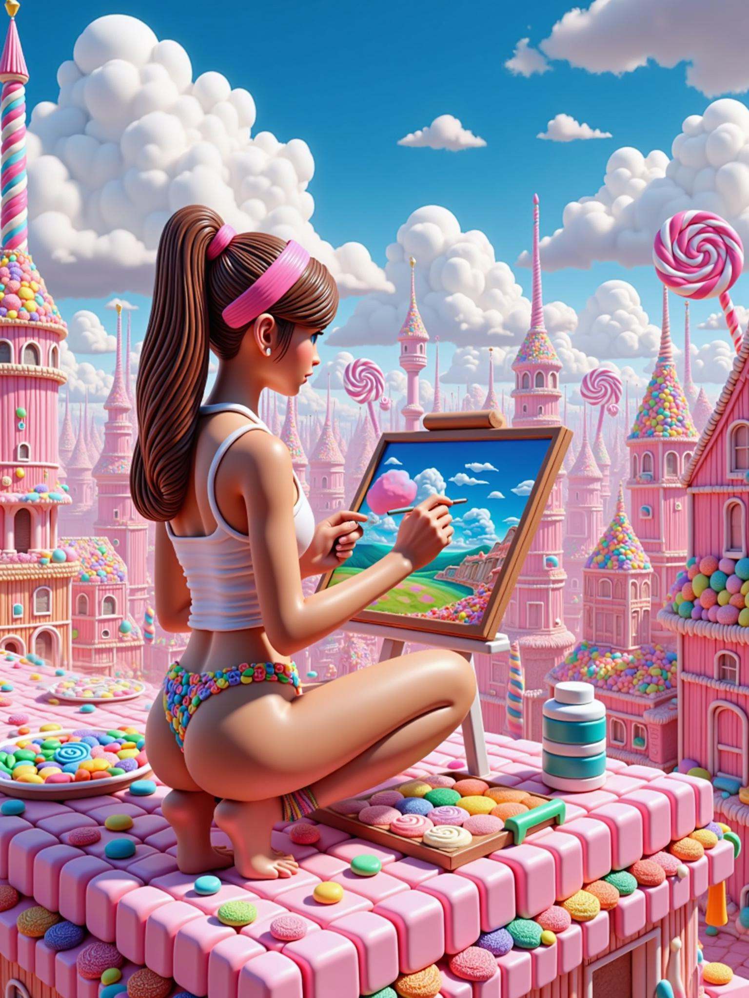 A woman painting on a rooftop overlooking a city in candyland where everything is made of candy. on Tensor.Art