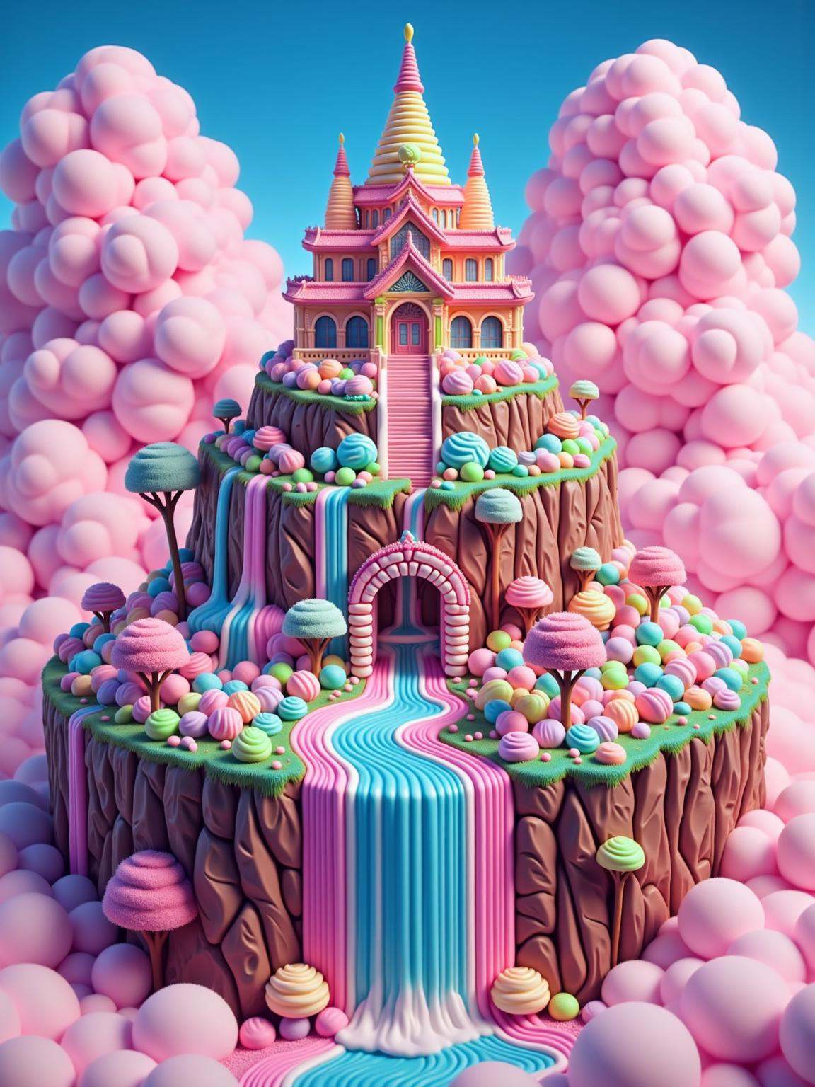 A temple sits on the peak of a towering chocolate mountain,  high above the cotton candy clouds with a rainbow colored riv...