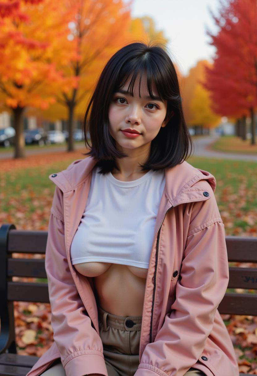 a realistic photo of a curious looking female ***** with a mid-length raven black hair. She wears a blush-colored anorak j...