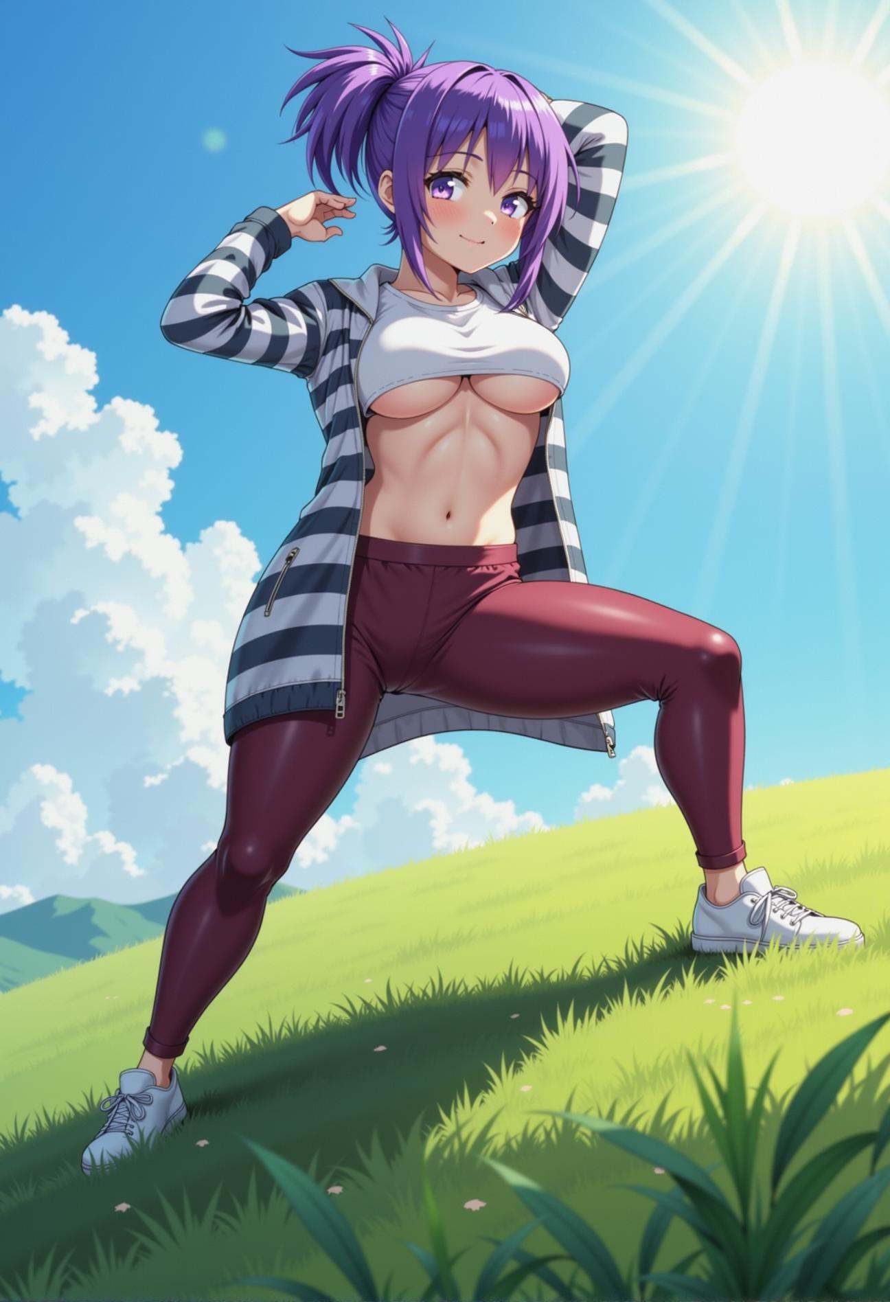 an anime scene of a relaxed female with a messy bun with purple streaks. She wears a striped anorak jacket over a t-shirt...