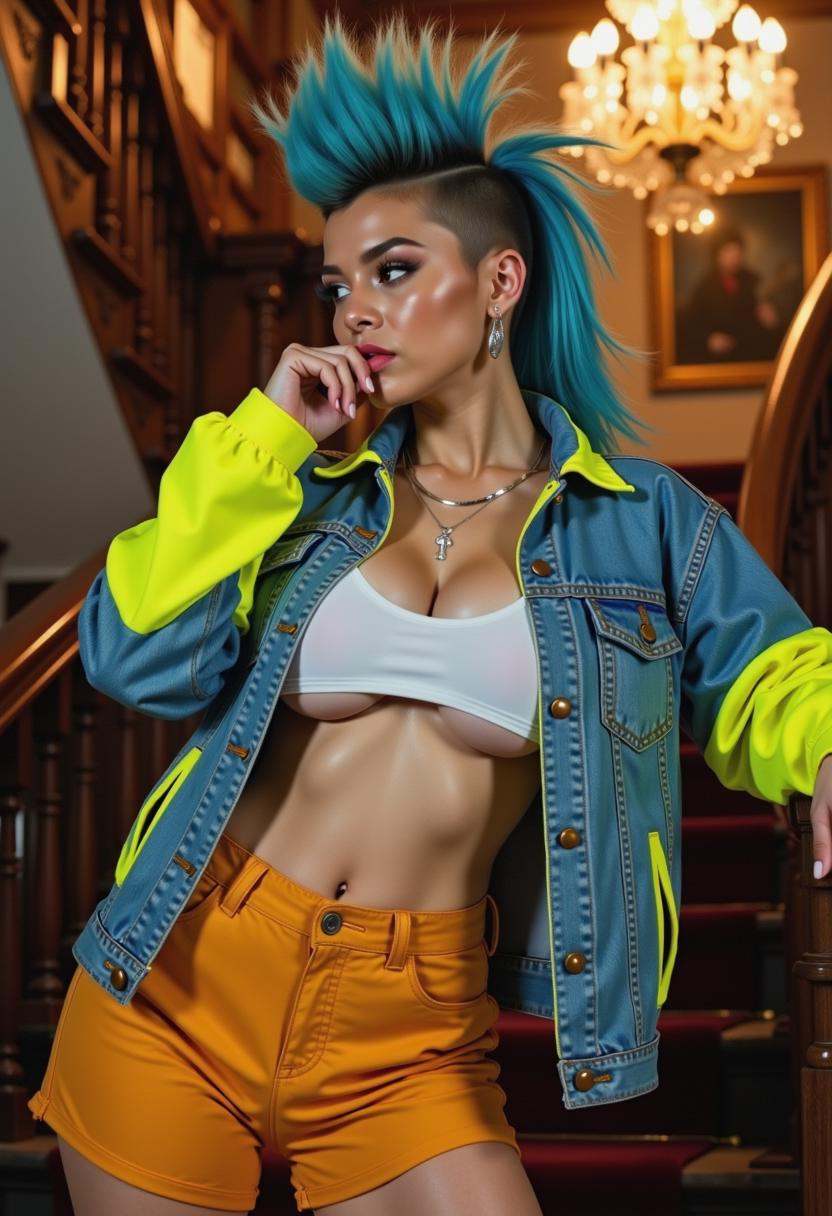 a realistic photo of a thoughtful looking female with a spiked mullet with blue tips. She wears a neon-colored trucker jac...