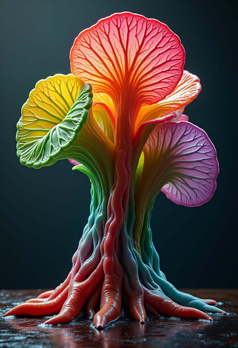 A bizarre rainbow colored alien plant with thick,  veiny leaves. The veins are prominent,  running through the fleshy surf...