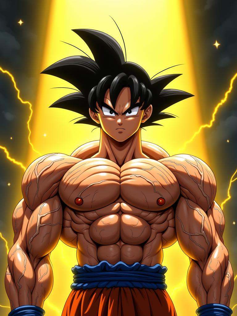 Son Goku standing under a yellow spotlight. His muscles are covered in visible,  prominent fleshy veins that pulse with po...