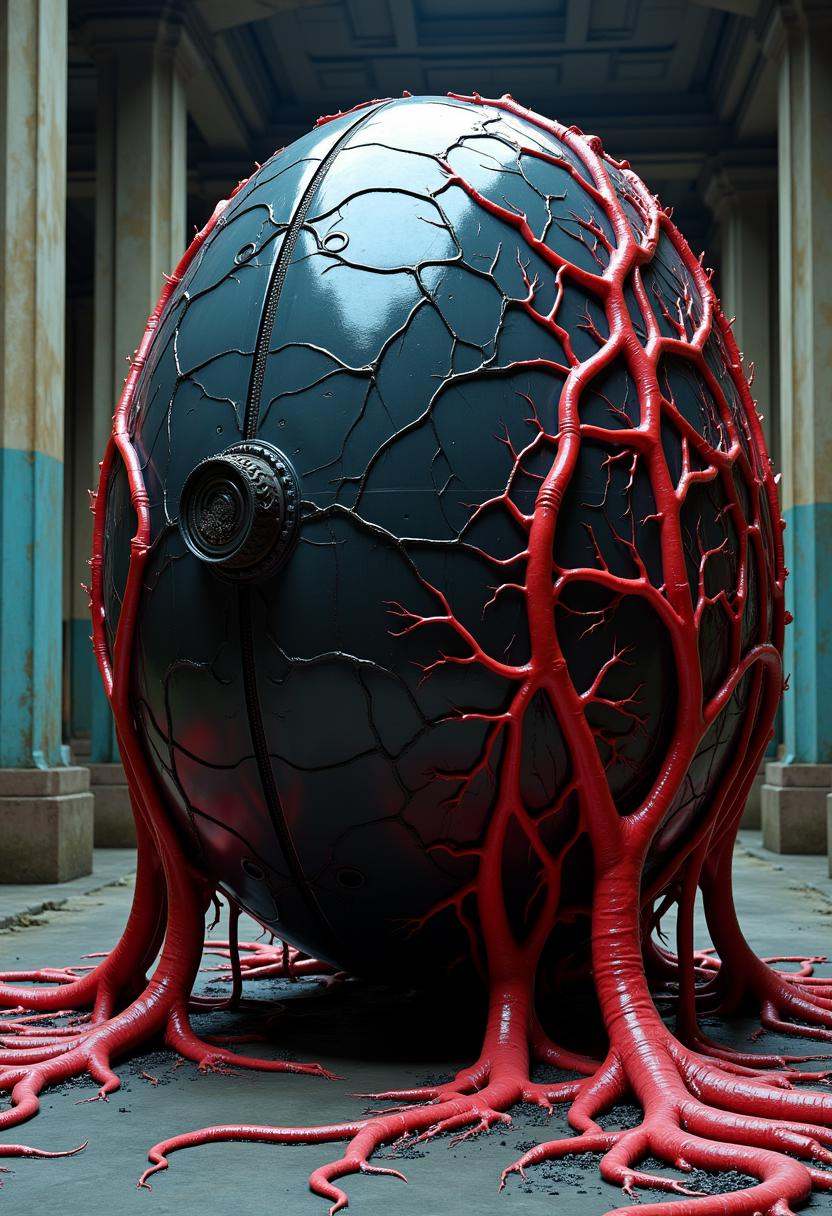A futuristic obsidian colored metal machine in a abandoned hall,  partially overrun with organic,  vein-like textures. The...