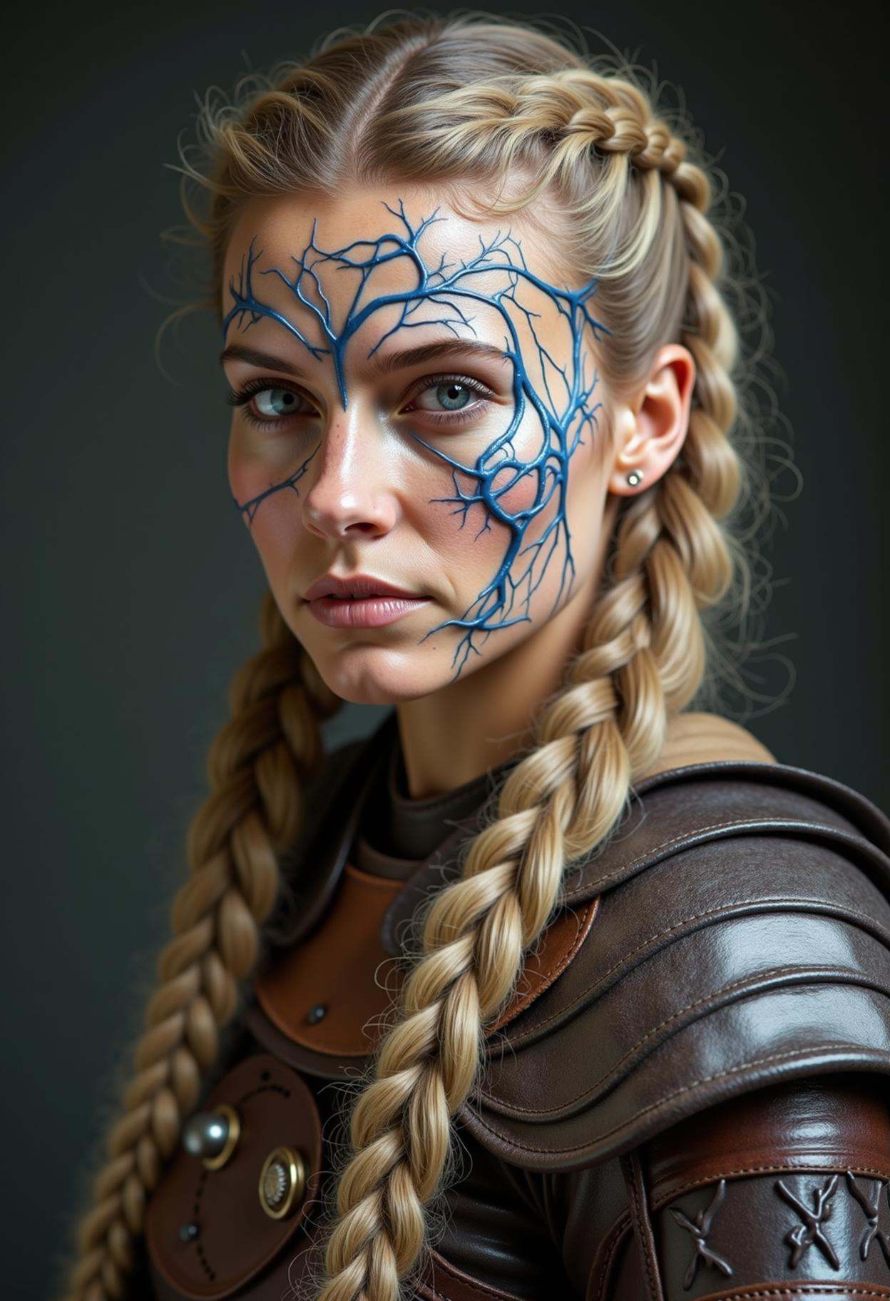A striking portrait of a Viking warrior woman with long,  braided blonde hair and a strong,  determined expression. Her fa...