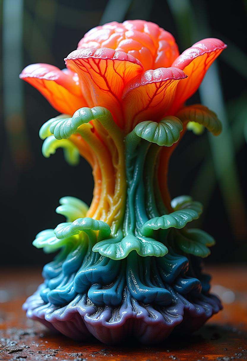 A bizarre rainbow colored alien plant with thick,  veiny leaves. The veins are prominent,  running through the fleshy surf...