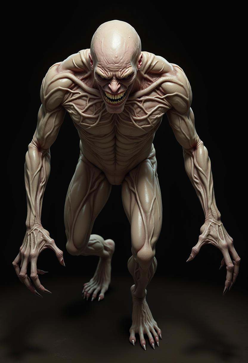 A grotesque creature emerging from the shadows,  its skin is pale and thin,  revealing an intricate network of veins all o...