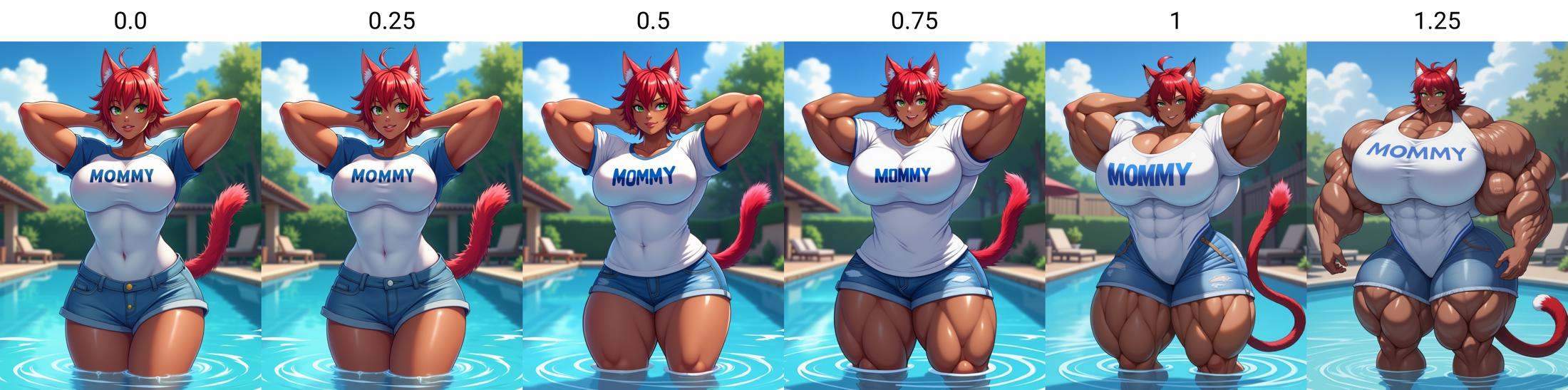 anime-style digital artwork,  a hyper-muscular woman with big breasts stands proudly in the water of a sunlit poolside. Sh...