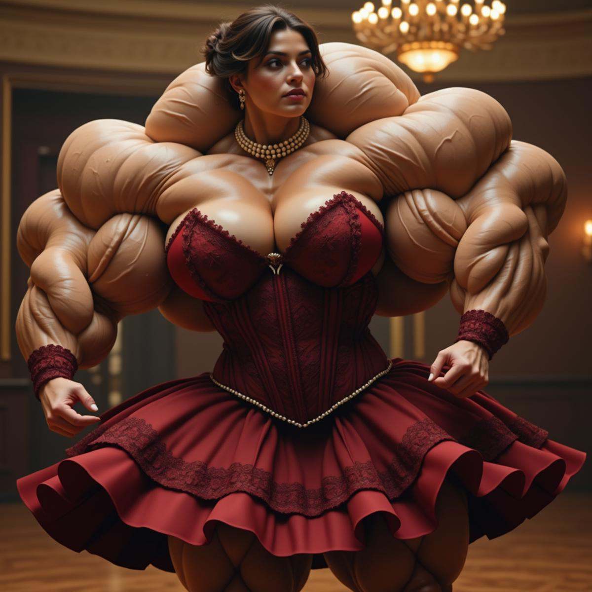 A hyper-muscular woman dances in an elegantly detailed Victorian-era dress and her body is turned to the side with her arm...
