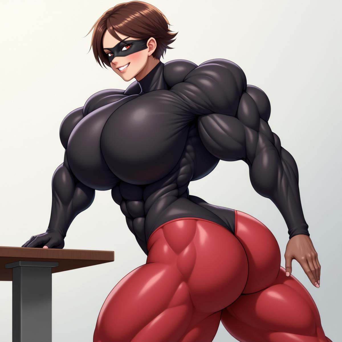 anime-style digital artwork showcases a hyper-muscular woman dressed in a sleek,  dark bodysuit that clings to her powerfu...