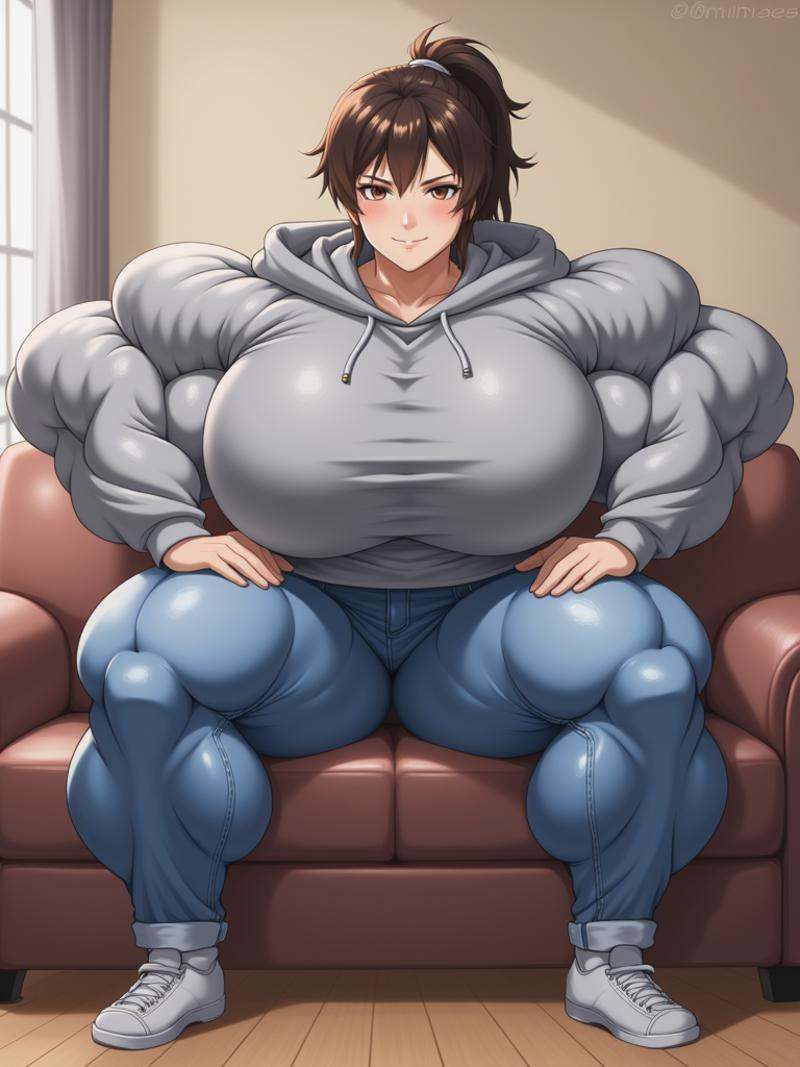 anime drawing of an indoor scene features a hyper-muscular woman,  wearing a grey hoodie covering her upper body and a den...