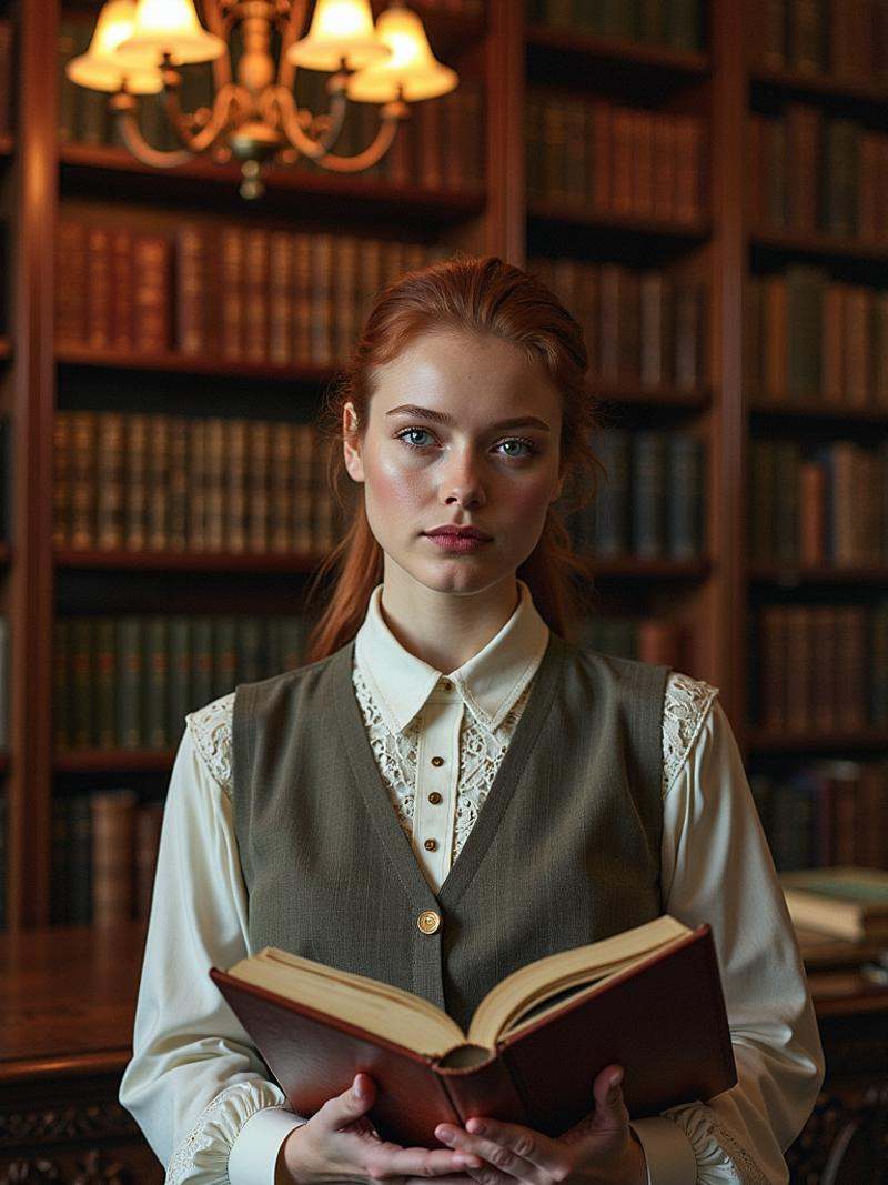 Upper body portrait of a woman standing in a grand,  ornate library filled with towering shelves of ancient books. Her det...