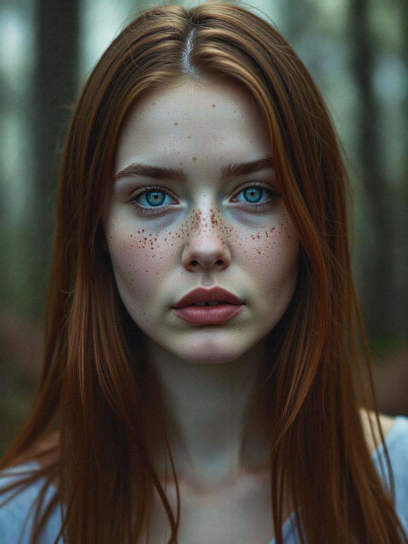 Washed out portrait photo of a young woman with an intense and captivating gaze,  vibrant blue eyes standing out against h...