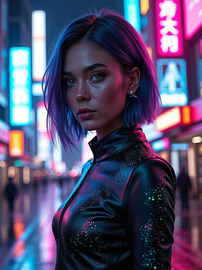 Upper body portrait of a woman standing in a vibrant,  futuristic cyberpunk city,  neon lights casting a kaleidoscope of c...