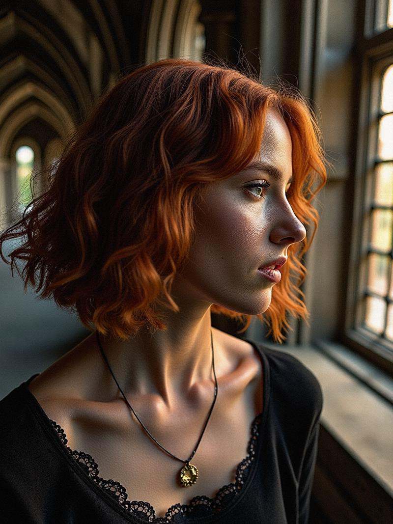Upper body portrait of a beautiful lady with flowing auburn hair,  contrasted by short,  curly locks framing her face on T...