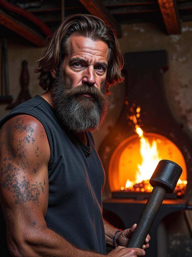 Upper body portrait of a rugged blacksmith,  his face streaked with coal dust and glistening with sweat,  emphasizing the...