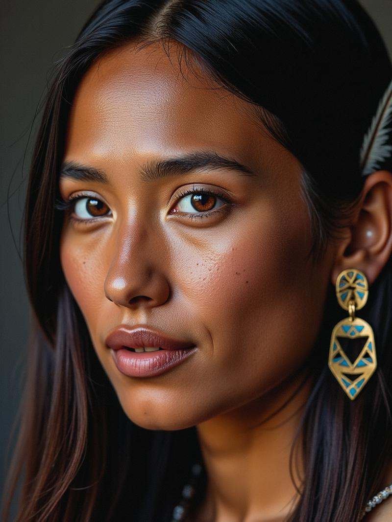Portrait,  close-up of face,  young native american woman with a calm and reflective gaze on Tensor.Art