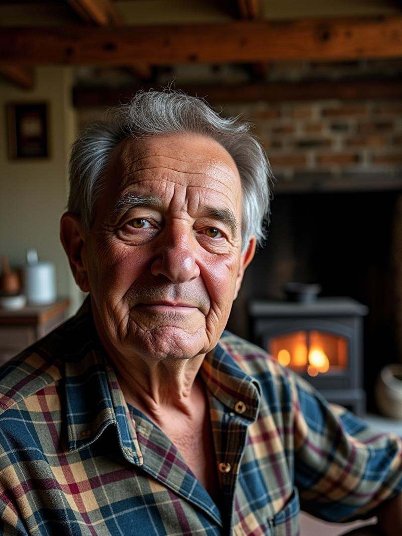 Portrait,  close-up of an elderly man’s face,  seated in a dimly lit on Tensor.Art