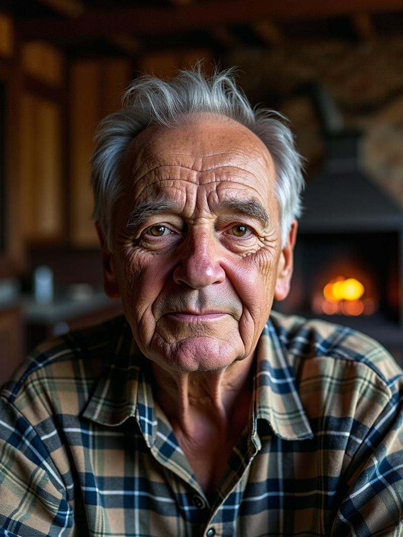 Portrait,  close-up of an elderly man’s face,  seated in a dimly lit on Tensor.Art