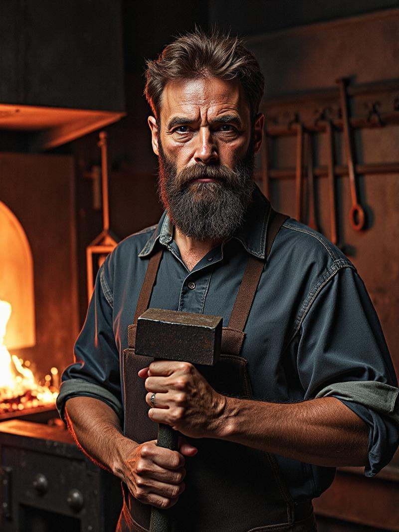 Upper body portrait of a rugged blacksmith,  his face streaked with coal dust and glistening with sweat,  emphasizing the...