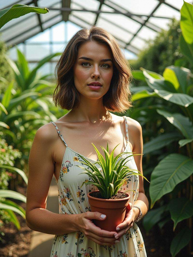 Cowboy shot of a woman standing in a lush,  overgrown greenhouse,  surrounded by vibrant on Tensor.Art