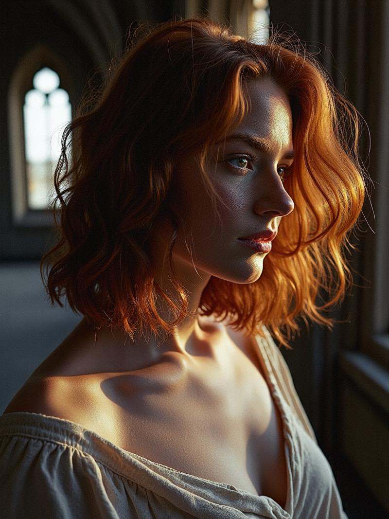 Upper body portrait of a beautiful lady with flowing auburn hair,  contrasted by short,  curly locks framing her face on T...