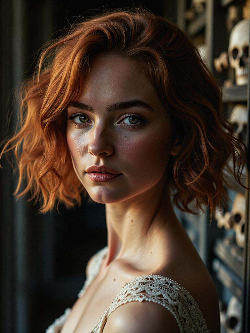 Upper body portrait of a beautiful lady with flowing auburn hair,  contrasted by short,  curly locks framing her face on T...
