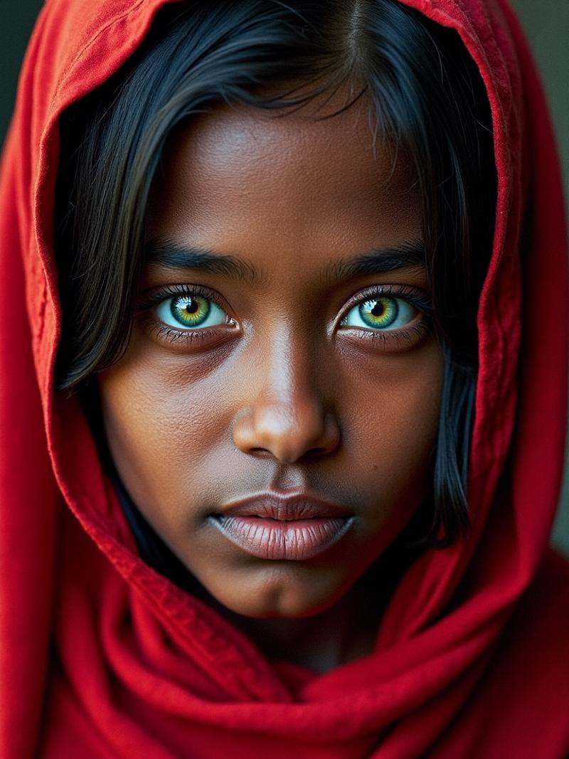 Close-up portrait of a young girl with a piercing and intense gaze,  striking green eyes contrasted against her darker com...