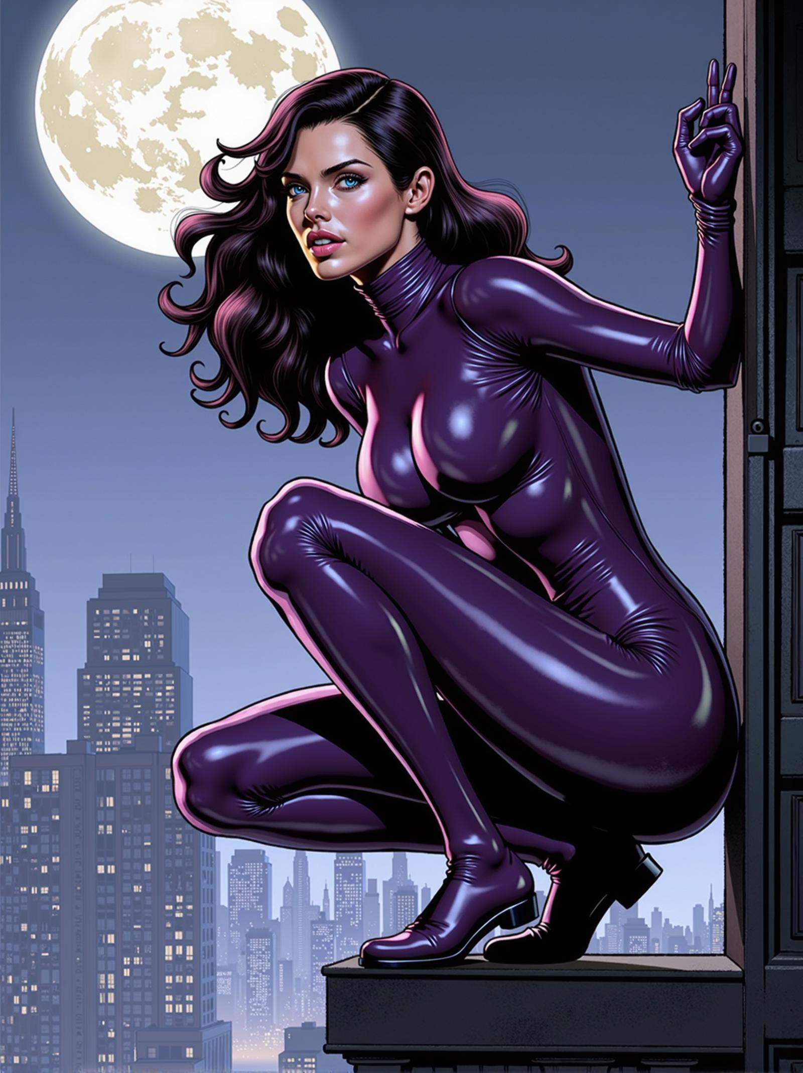 A comic book panel showing a woman in a tight,  glossy purple latex suit with a high neckline,  perched on the edge of a s...