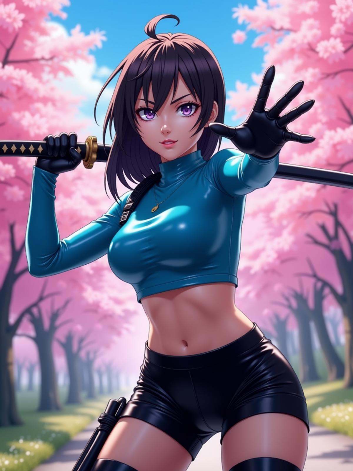 n anime stillframe of a woman wearing a blue glossy latex crop top and black high-waisted shorts and short black latex glo...