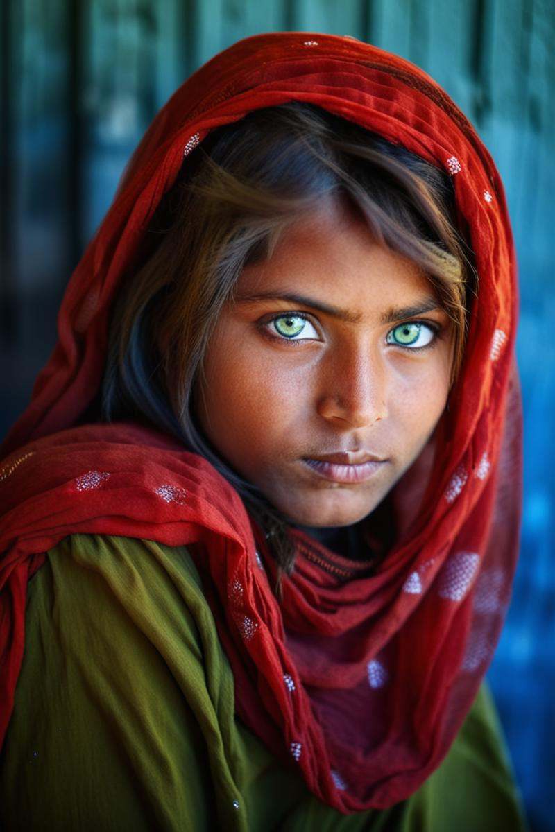 portrait of afghan girl,  beautiful piercing green and blue eyes,  red hair on Tensor.Art