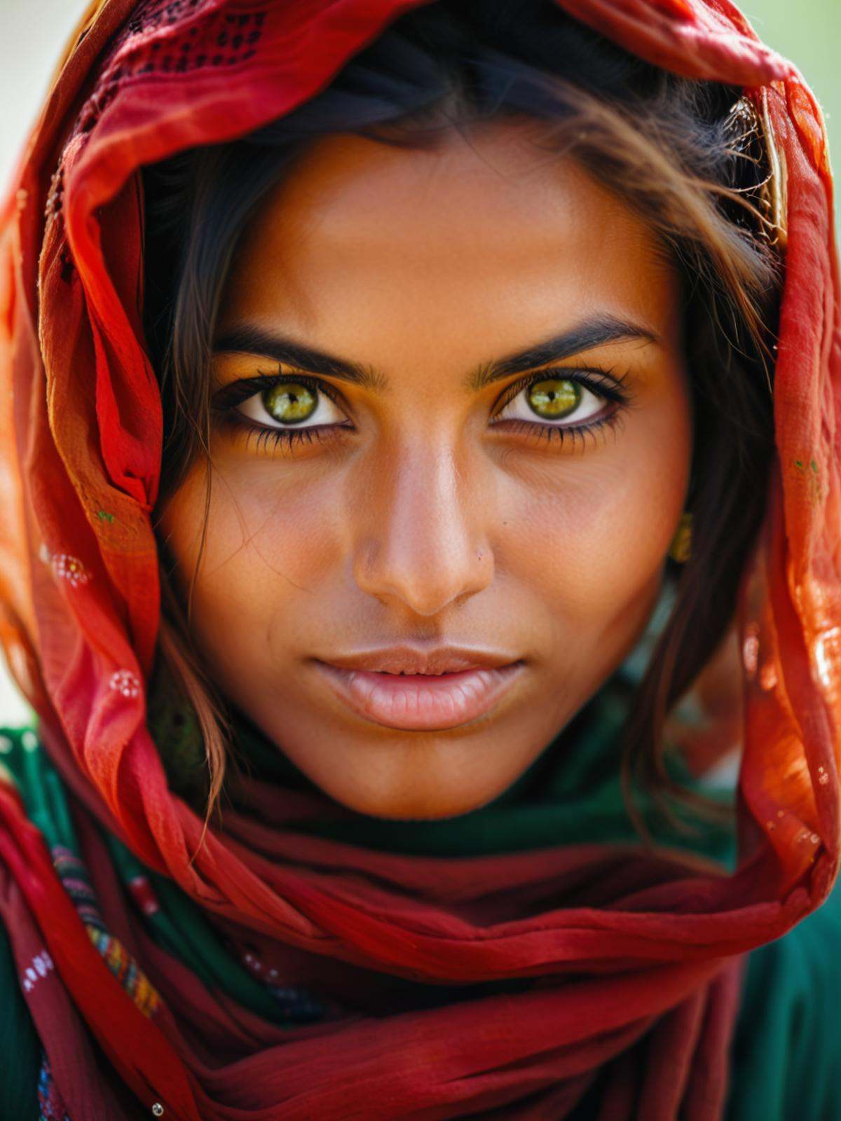 portrait photo of afghan woman,  beautiful piercing eyes,  multicoloured yellow and green eyes on Tensor.Art