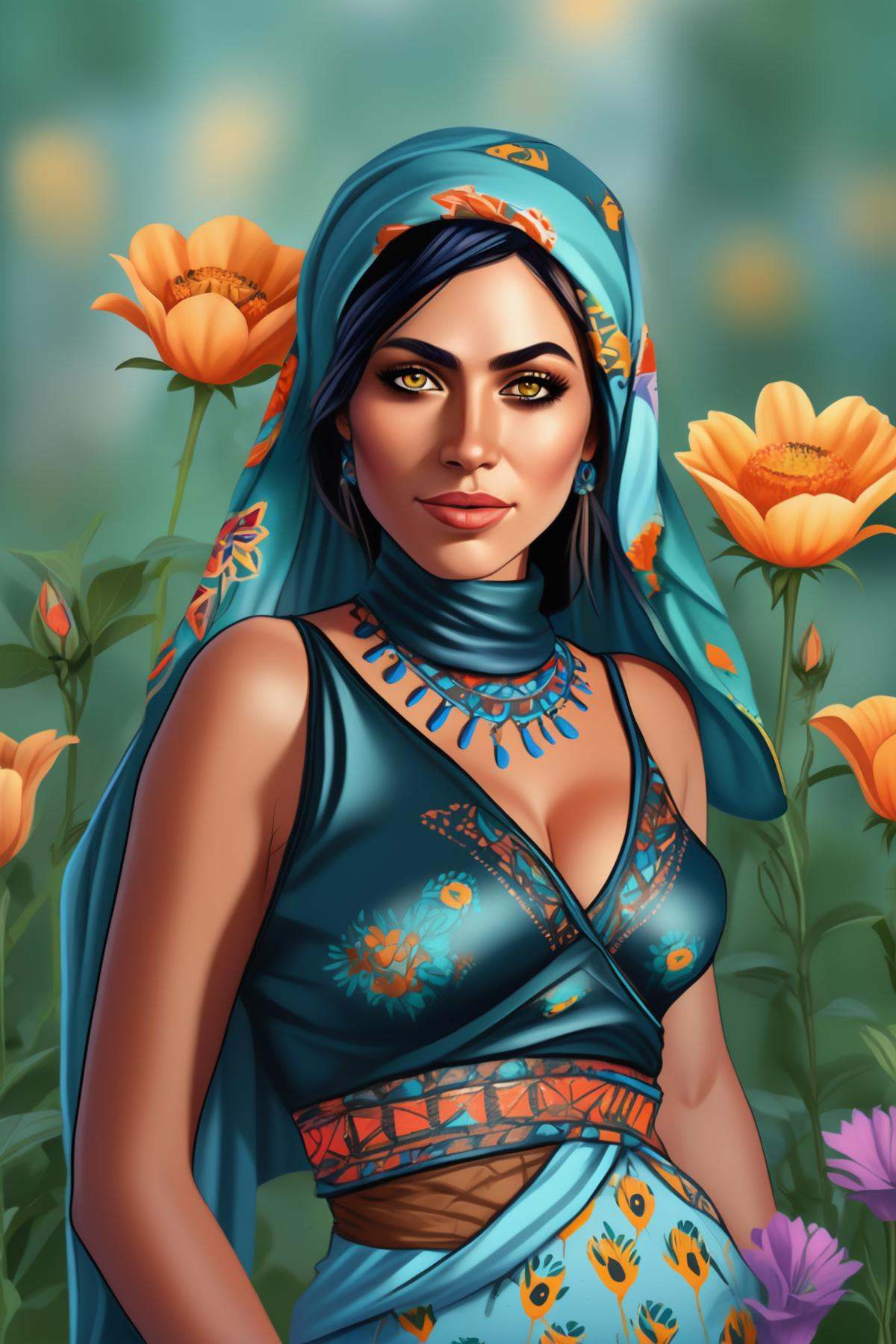 colorful illustration of a beautiful afghan woman standing in pose,  painting,  headscarf on Tensor.Art