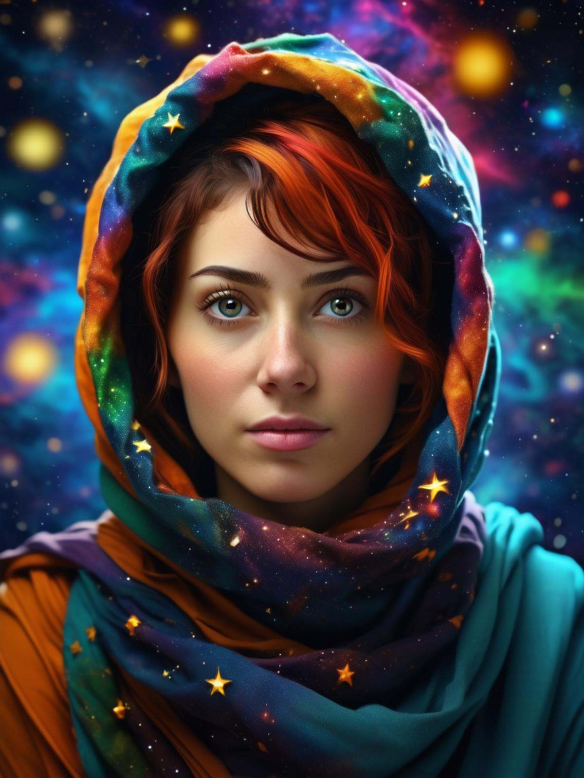 beautiful (afghan woman) in space,  galaxy,  waist up shot on Tensor.Art