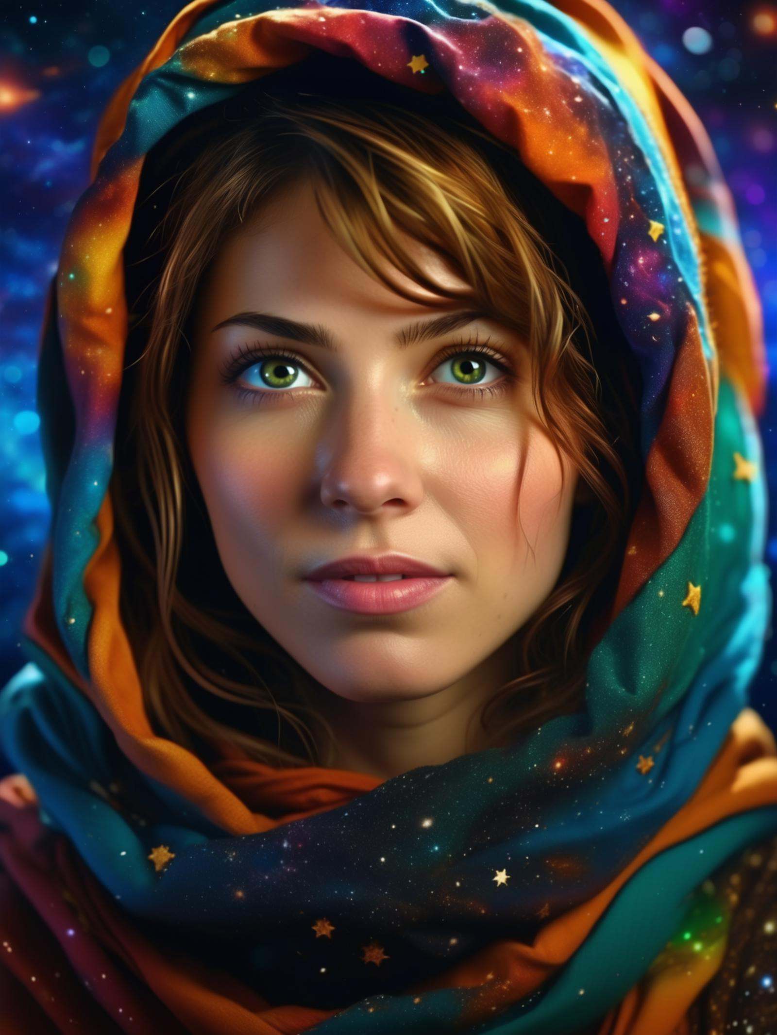 beautiful (afghan woman) in space,  galaxy,  waist up shot on Tensor.Art