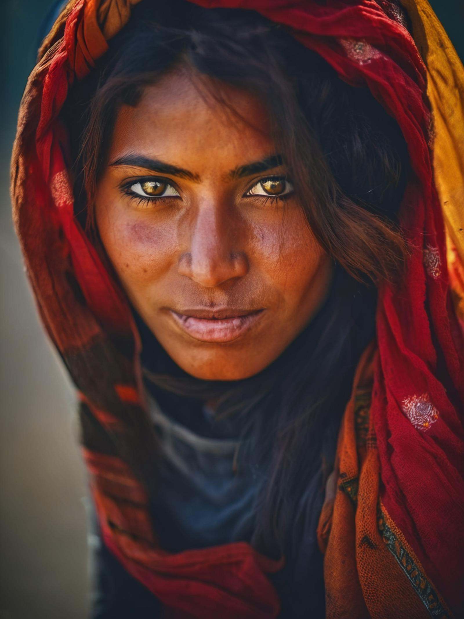 portrait of afghan woman,  beautiful piercing yellow eyes,  red headscarf on Tensor.Art