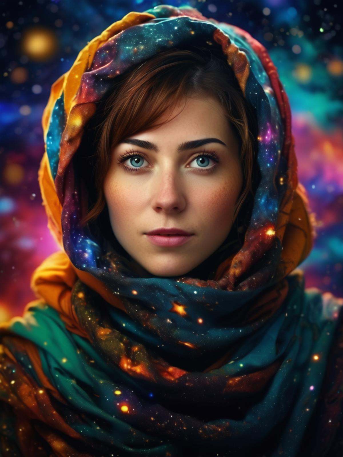 beautiful (afghan woman) in space,  galaxy,  waist up shot on Tensor.Art