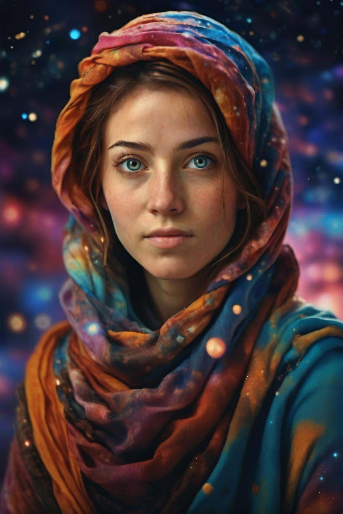 dreamy portrait of beautiful (afghan girl) in space,  freckles,  galaxy on Tensor.Art