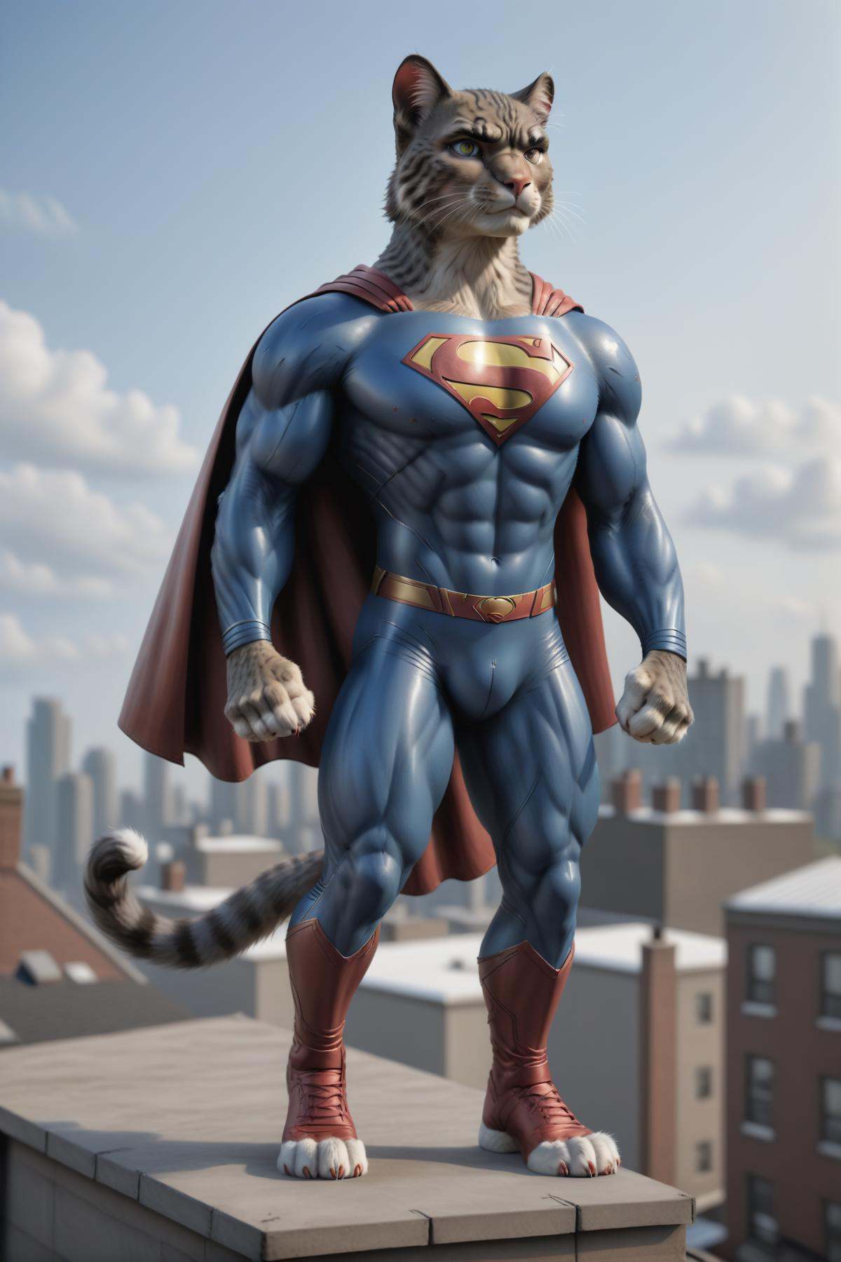 photo of superman standing on roof,  furry,  feline_hybrid on Tensor.Art