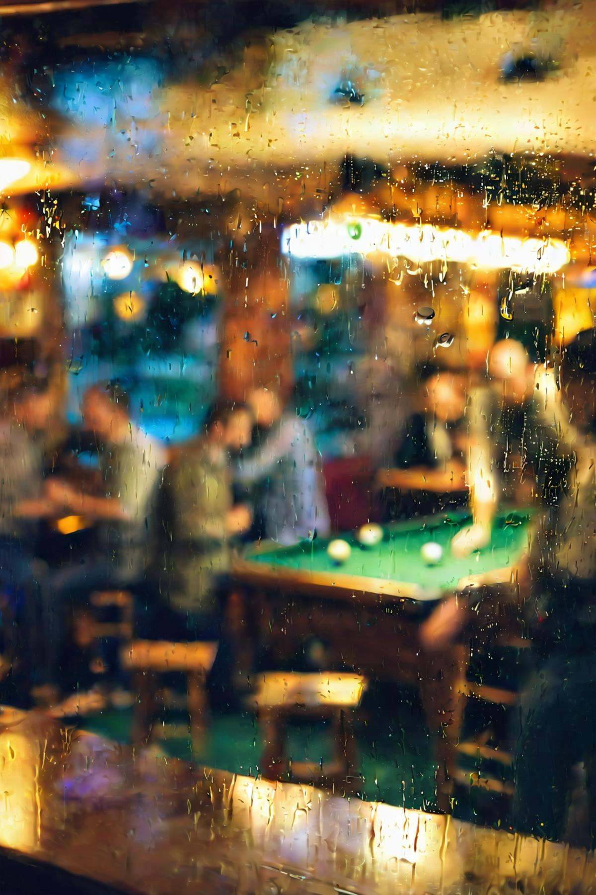 blurry interior of pub behind a window pane,  people,  pool table on Tensor.Art