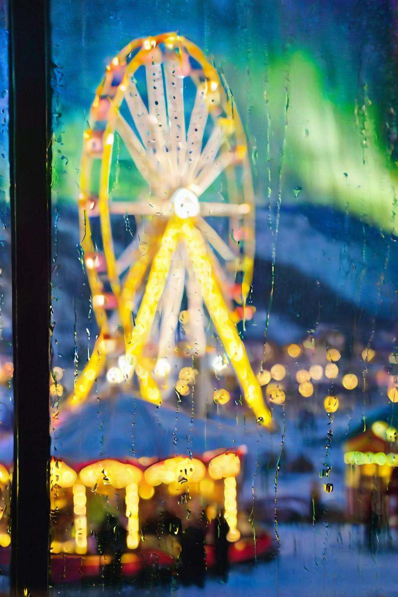 (looking through window frame),  blurry hill with enchanted 18th century carnival with yellow lights and wooden Ferris whe...