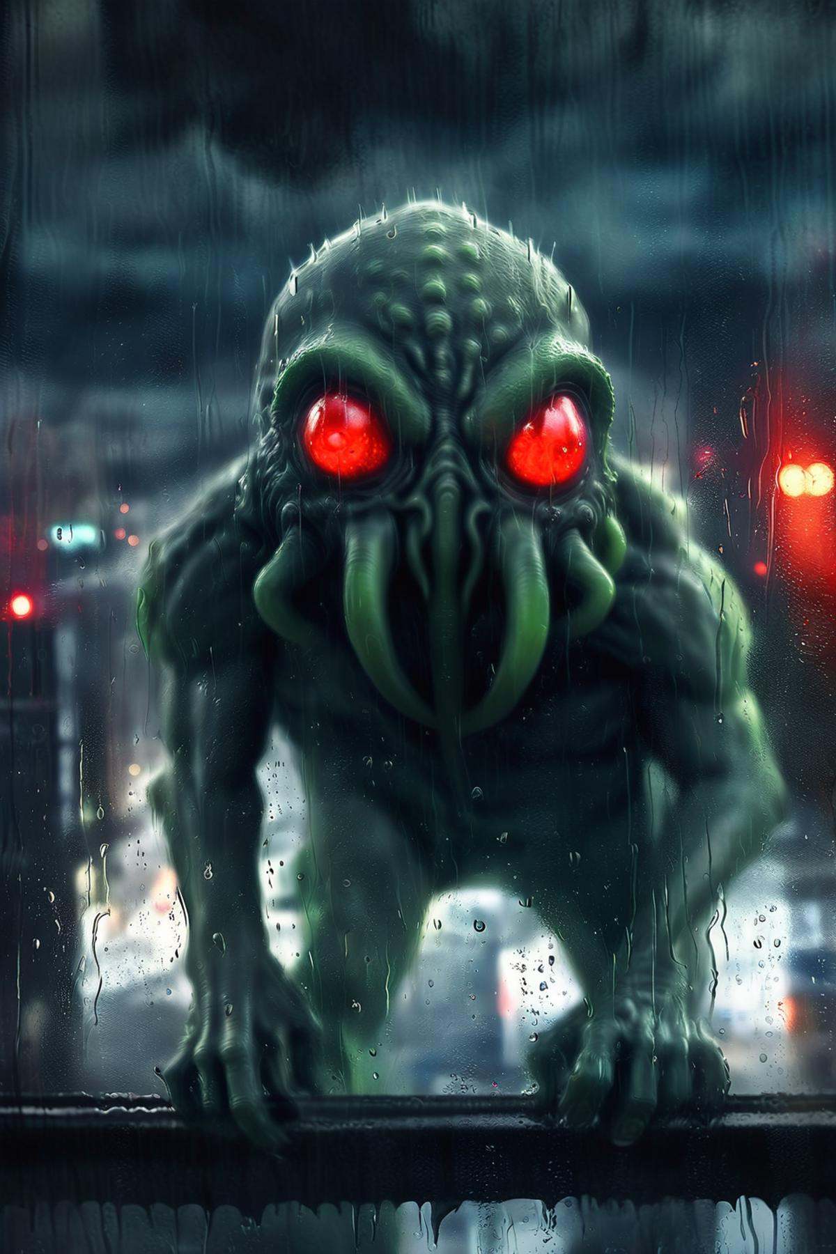 looking outside of window,  blurry full body cthulhu monster in on devastated harbour city glowing red eyes behind window...