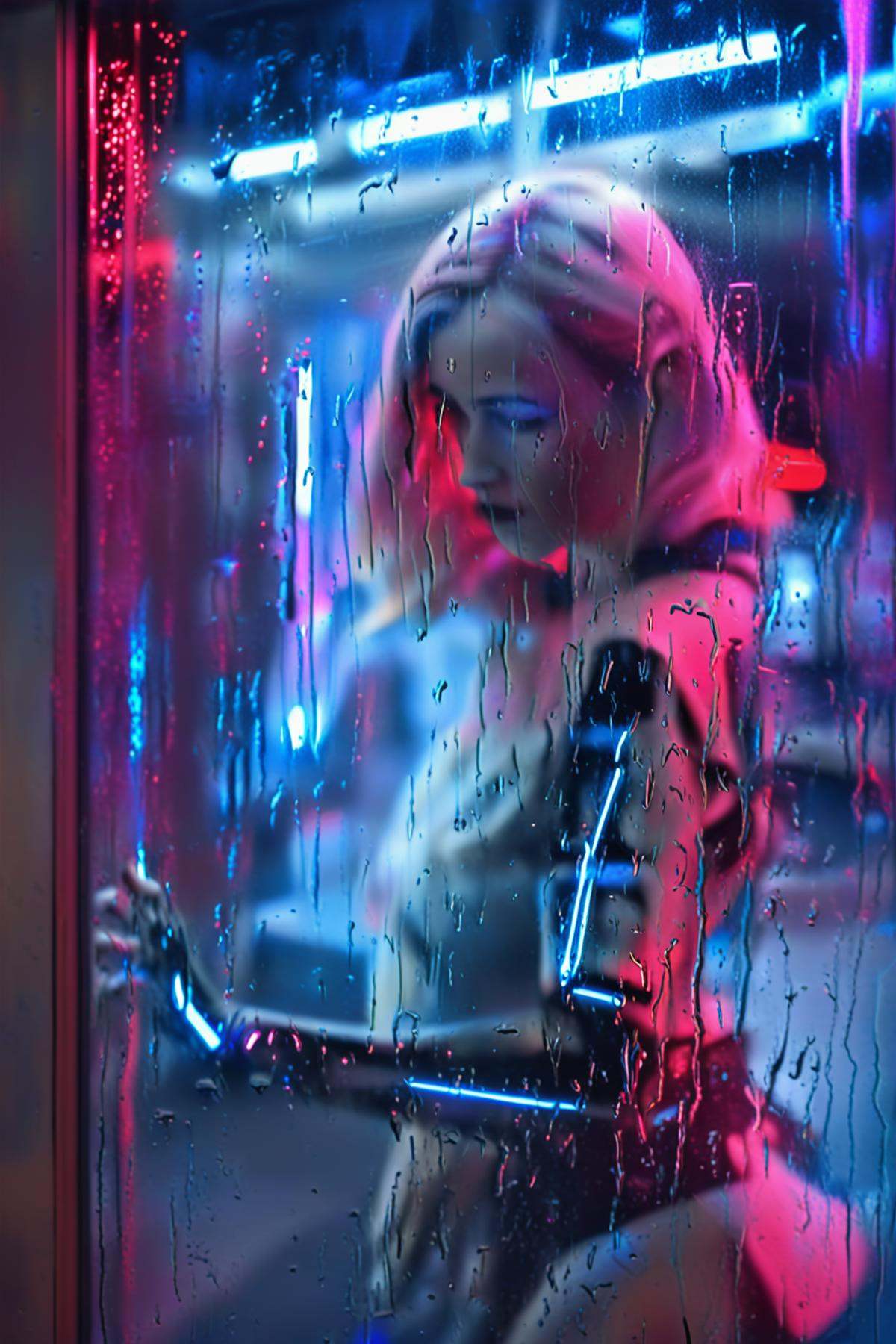 storefront window frame,  blurry view of full body woman cyborg robot behind window pane,  hair on Tensor.Art